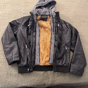 Black Faux Leather Jacket with Gray Hoodie